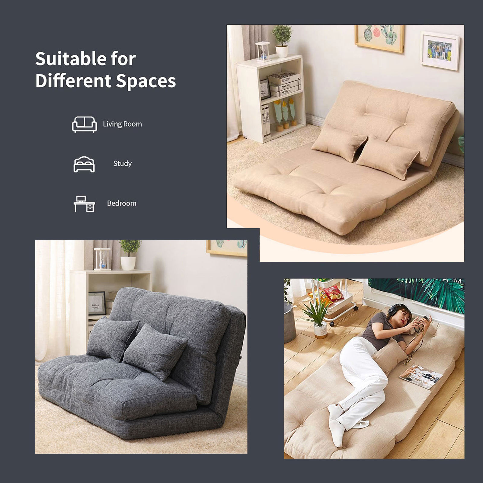 Portable Double Seat Foldable Backrest Square Japanese Style Tatami Reclining Lazy Floor Sofa
