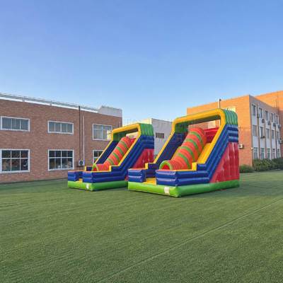 Commercial Colorful Double Lane Inflatable Slide Set with High Side Walls Climbing Steps and Safety Landing Area for Events and Rentals