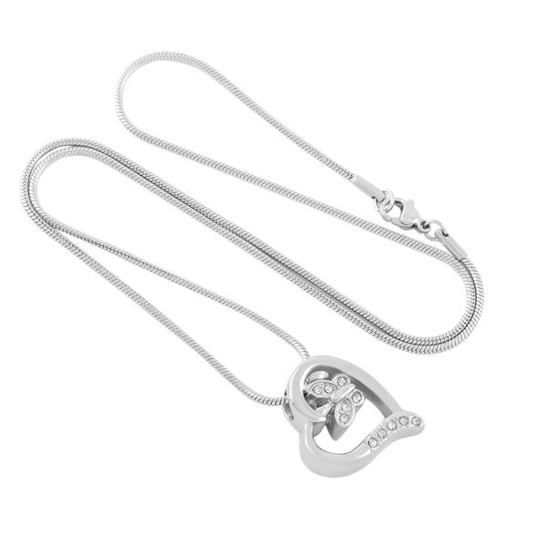 Crystal Butterfly Heart Keepsake Pendant Necklace Stainless Steel Cremation Ashes Urn
