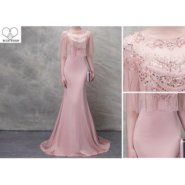 Unique Tulle Pink Mermaid Style Prom Dress Beading Bat Wing Sleeve Stretch Fabric