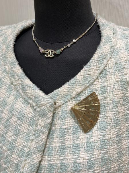 Handmade Brass Fan Brooch with Swarovsk* Diamond and Light Yellow Gold Finish - Elegant Double C Openwork Design