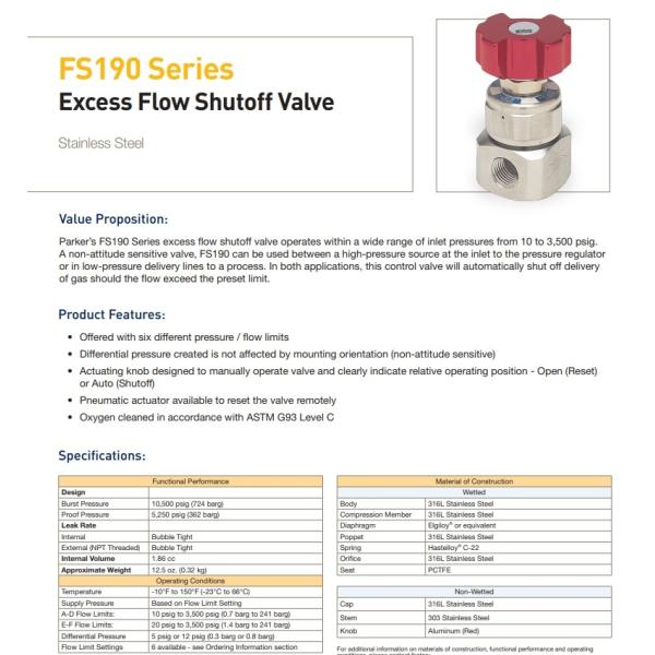 Industrial Stainless Steel Parker Valve FS190 Excess Flow Shut Off Valve 1/2 inch