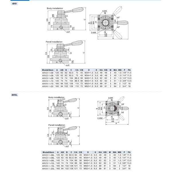 4HV210-06/08(L), 4HV230-06/08(L), 4HV310-08/10/15(L) AIRTAC 4HV Series 4/2 way 4/3 way Hand Lever Valve 1/8