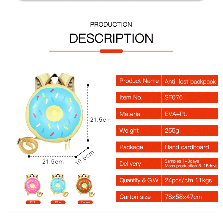 Custom Toddler Backpack Cartoon Doughnut Design Anti Lost Backpack Kids Schoolbag