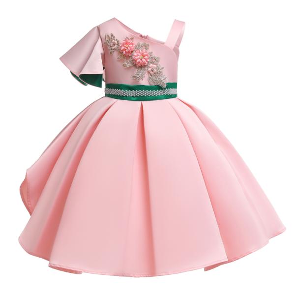 Fashion Single Sleeve Flower Girl Dress Single Shoulder Green Pearl Belt Dress Christmas Vestido Kids Dresses For Girl