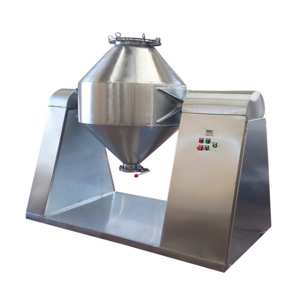 Custom stainless steel dual cone mixer with low-residue conical mixing structure. Simple design for uniform blending of powdered or granular materials in chemical, pharmaceutical, food processing