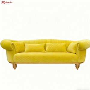 Cushioned Linen Fabric Sofa White Velvet Settee With Radiating Legs Furniture