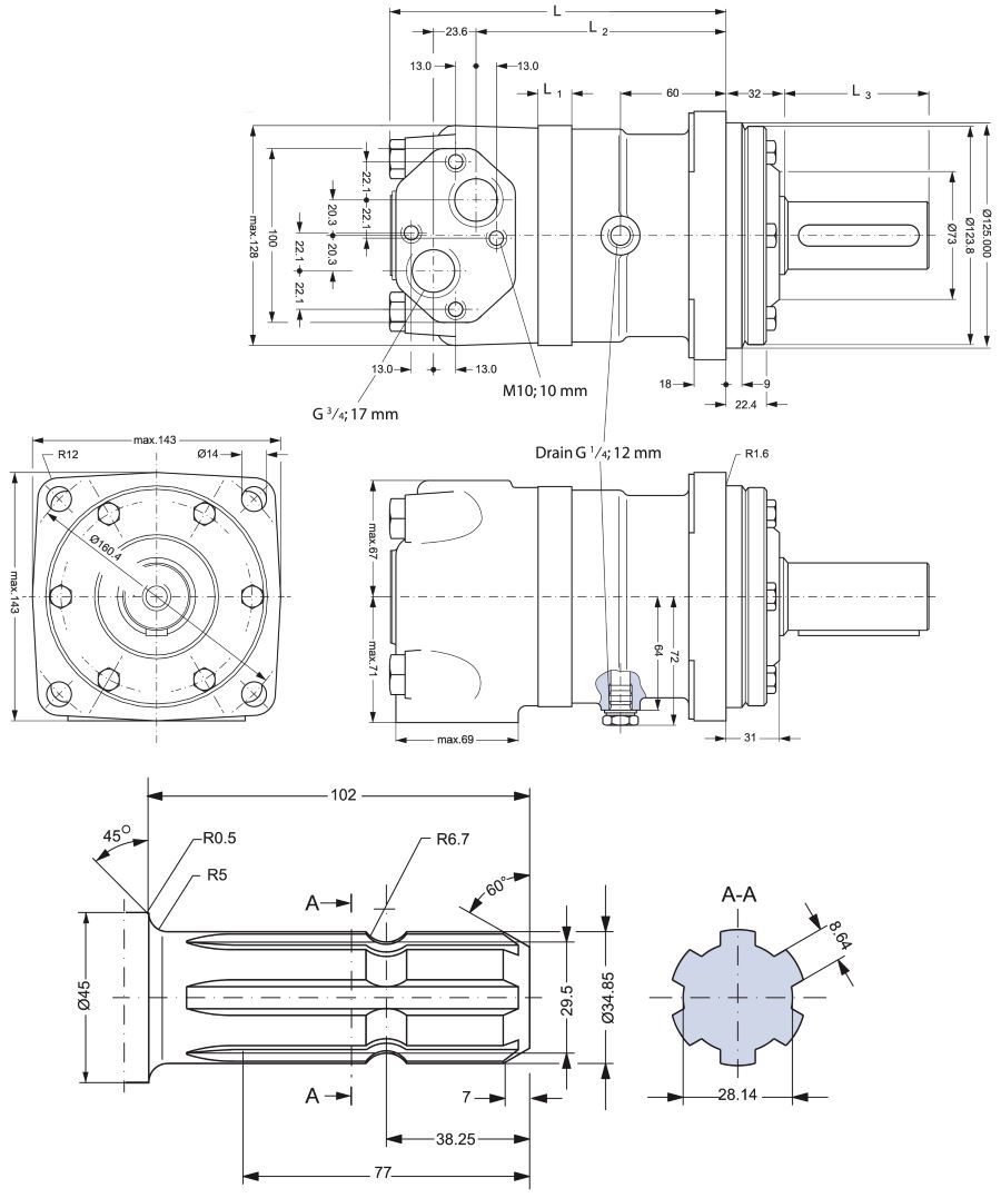 Замены мотора Omt 200cc Danfoss вал Pto скорости 1