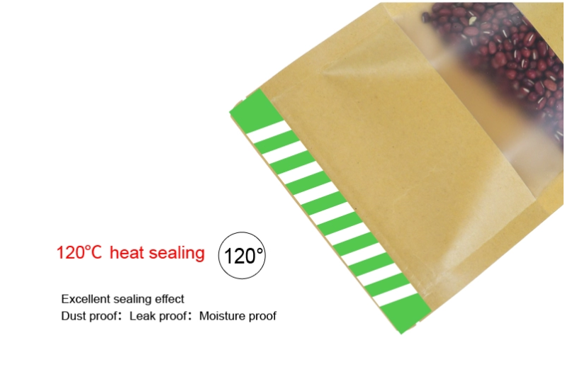Heat Seal Kraft Paper Ziplock Stand Up Pouch With Clear Window