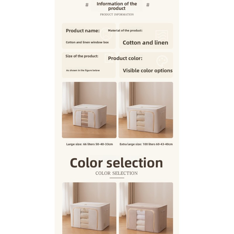 Modern Cotton Linen Clothing Storage Box with Steel Frame Foldable Quilt Down Jacket Organizer Fabric Storage Box