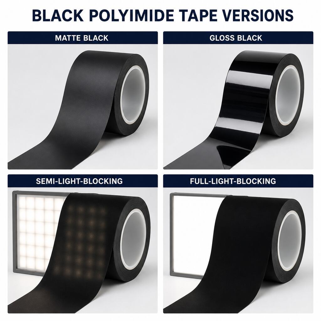 Black Polyimide Tape (Black PI Tape / Black Insulation Tape) – Silicone or Acrylic Adhesive for Electrical Insulation, with Light-Blocking Versions for Cameras and Displays
