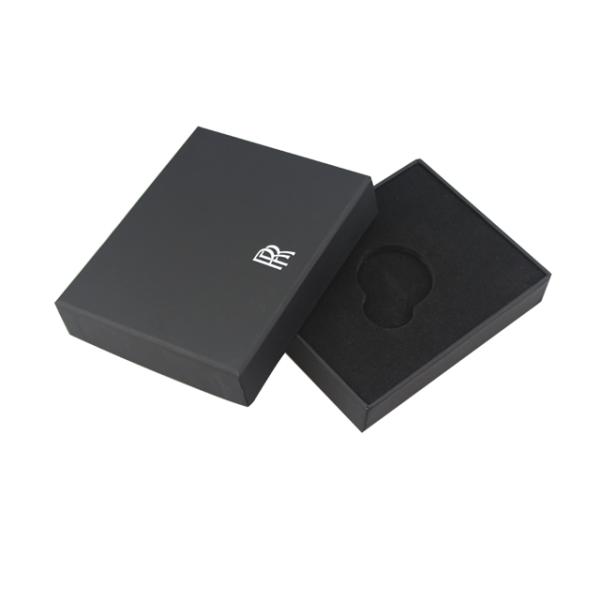 Logo personnalisé Logo Soft Touch Black Rigid Cardboard Boîtes Paper Emballage Coin avec plateau en mousse EVA
