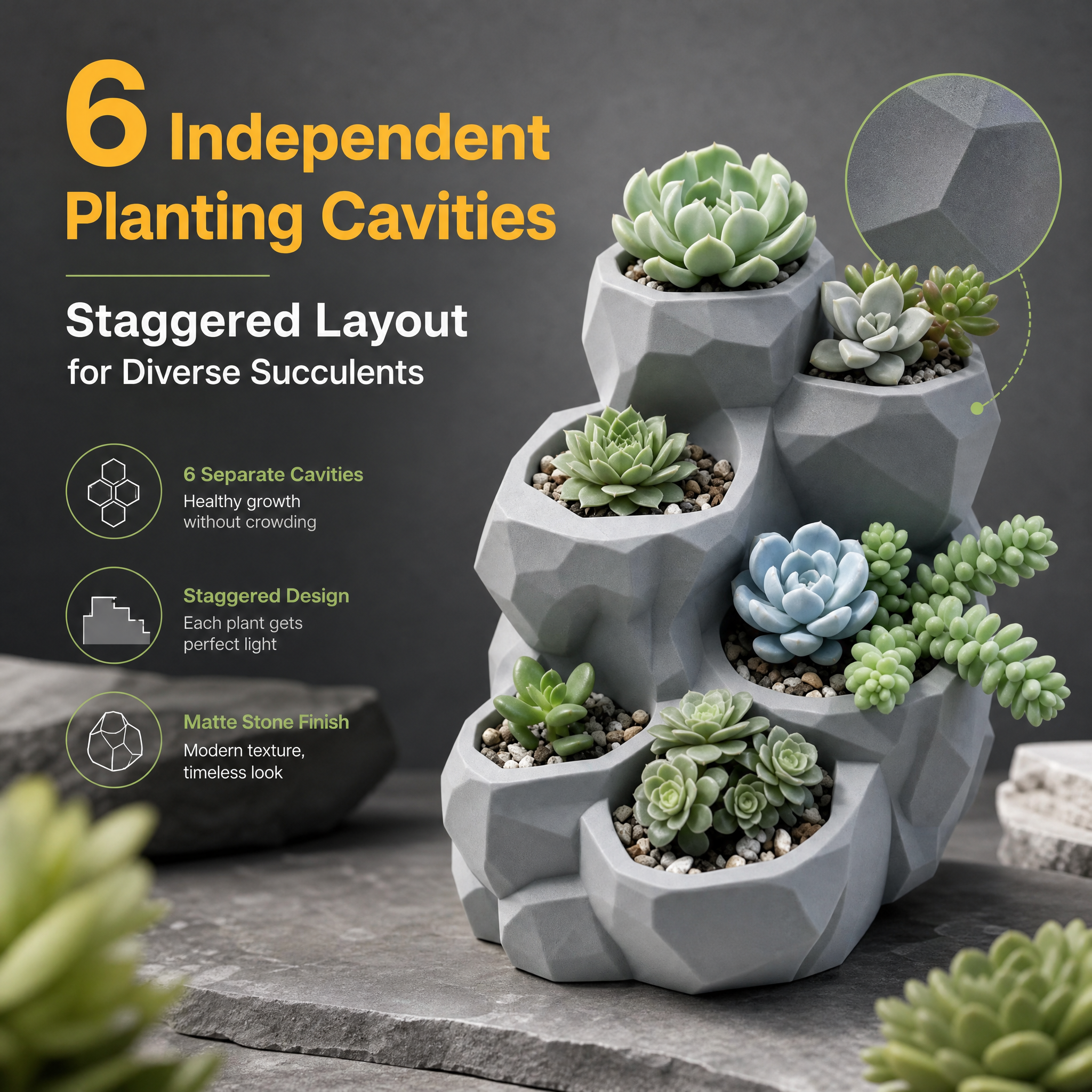 Rock Shaped 3D Printed Decor Multi Pocket Greenery Arrangement Tiered Succulent Planter
