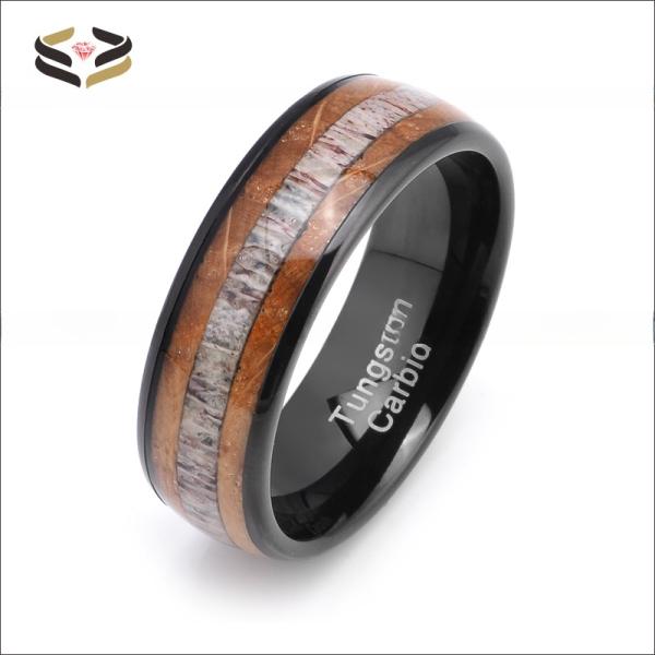 Unisex 8mm Black Tungsten Wedding Ring with Whiskey Barrel Wood Deer Antler Inlay Comfort Fit Sample Making
