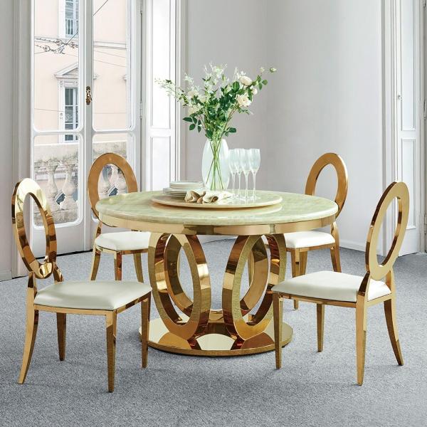 QIANCHENG Anti Oxidation SS Dining Tables Dia130x75cm Round Marble Top