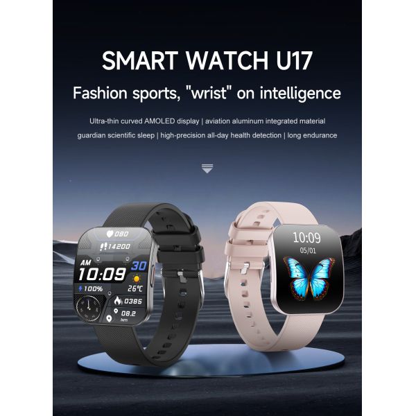 Hot U17 Smart Watch Ultra-thin Curved Square Screen AMOLED 1.85inch BT Call IP68 Deep Waterproof H Band APP 3D Menu Smartwatch