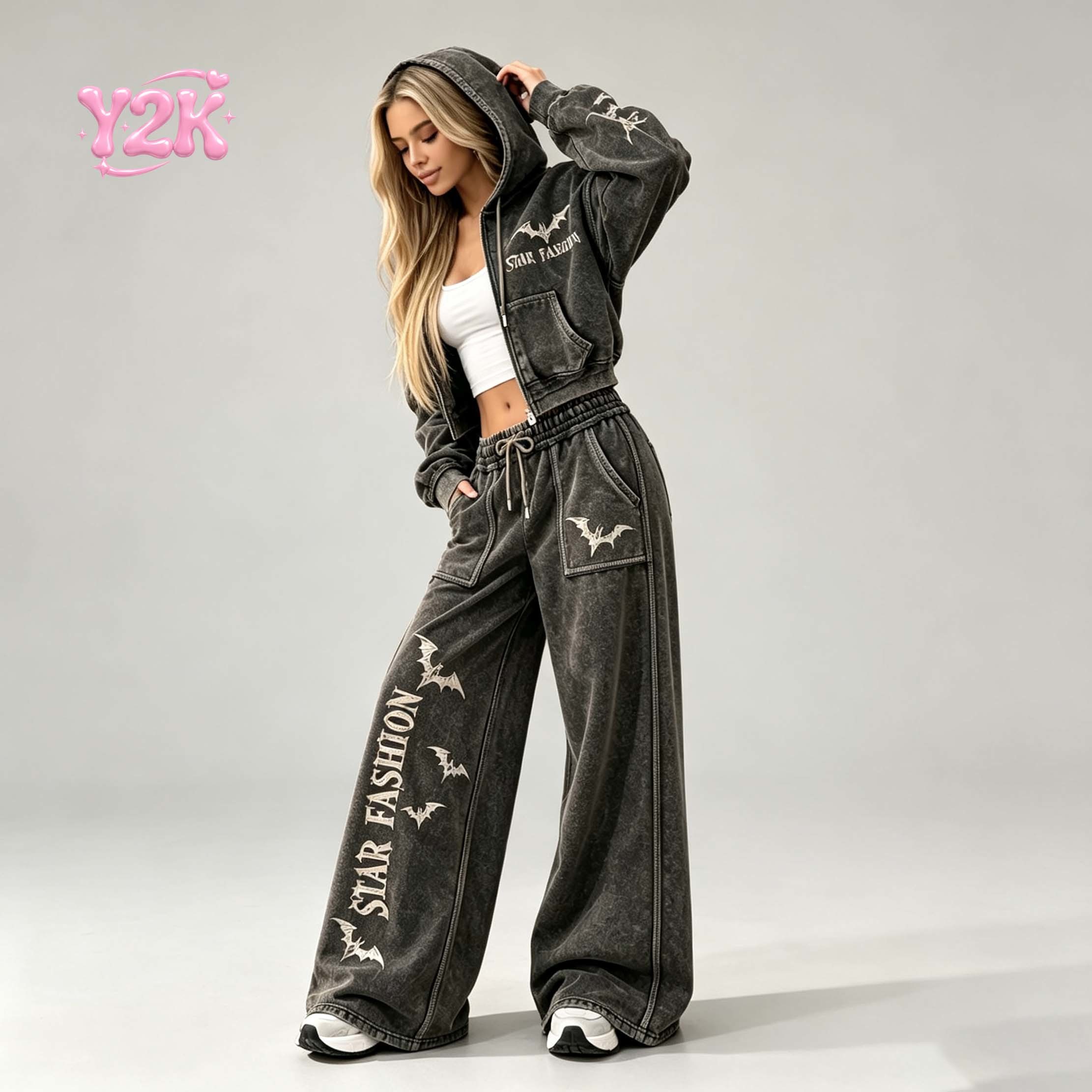 Custom Women Acid Wash Crop Hoodie Cargo Pants Two Piece Set