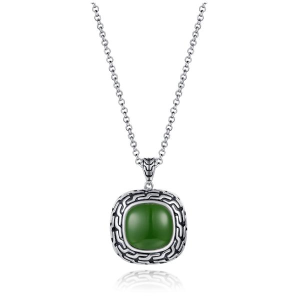 2.08g 925 Silver Gemstone Pendant Bead Chain 9x14mm Rectangle Green Jade Pendant