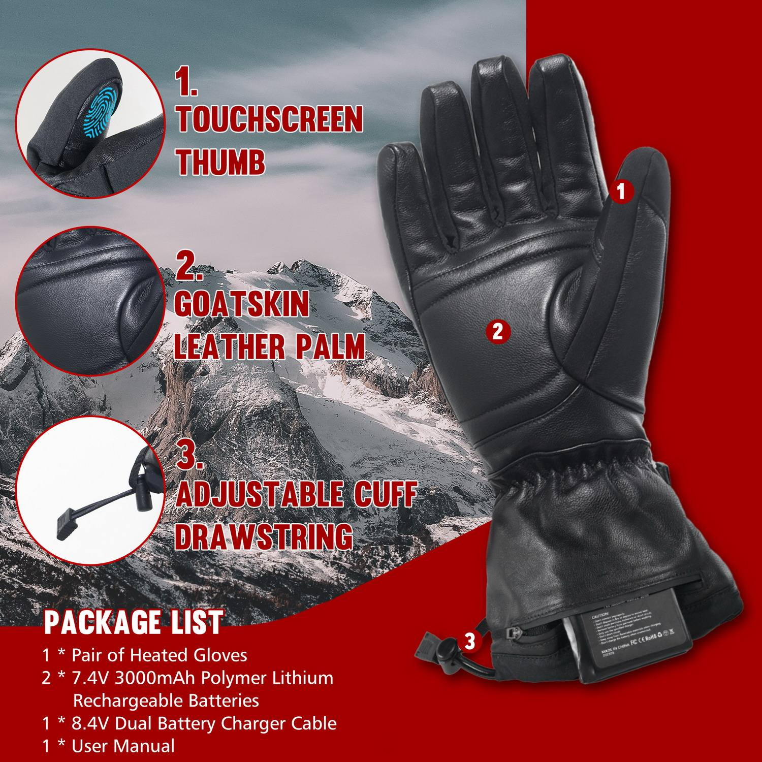 Autumn goatskin custom warm waterproof touch screen winter electric gloves battery rechargeable guantes driving heated