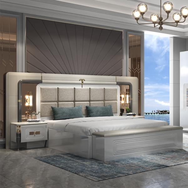 High Quality Modern Double Wooden Frame King Size Bed Wood Lighted Headboard Master Room Luxury Full Bedroom Furniture Set