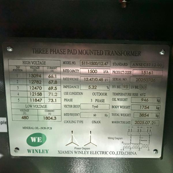 UL規格3相パッドマウント変圧器 1500Kva 12.47KV～480Y/277 ANSI DOE IEEE CSA規格