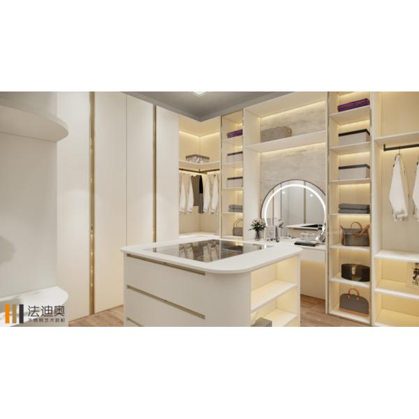 White Stainless Steel Walk-In Closet with Gold Accents & Vanity