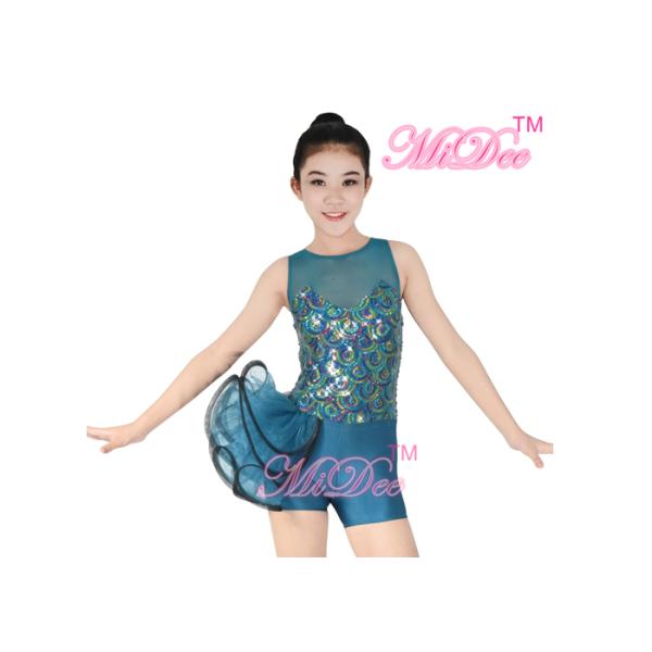 Leotard Peacock Sequins Ballet Dance Costumes One Side Organza Skirt for Adult