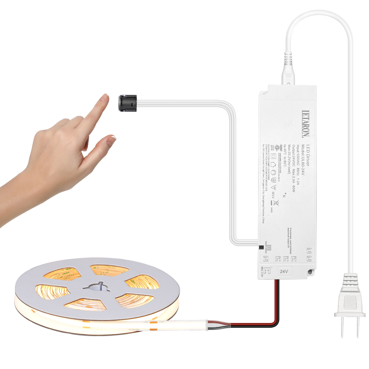 5M 24V 480 leds/M 60w Led Cabinet Strip Lights Ul Power Supply With Touch Switch