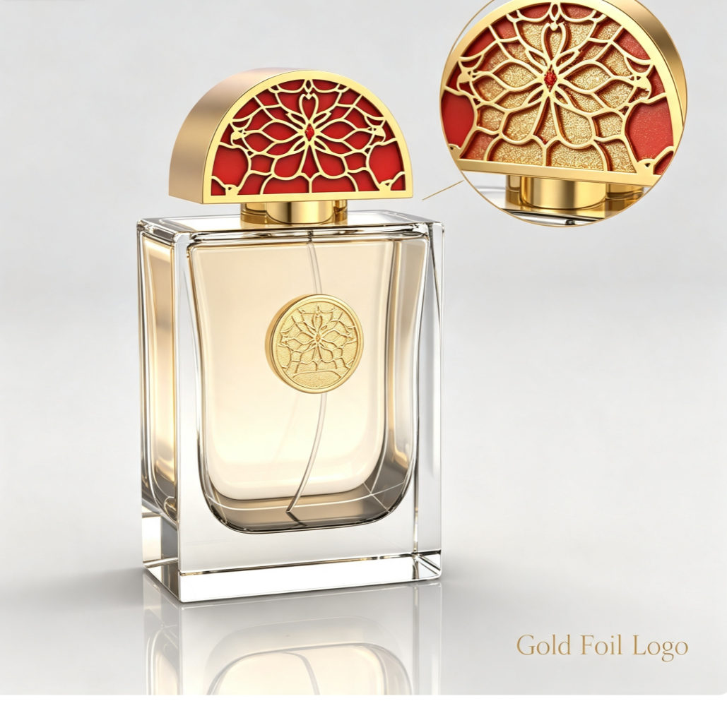 Semicircle Hollow Floral Zamac Perfume Cap with Red Enamel Gold Plated Finish and Custom Logo Engraving