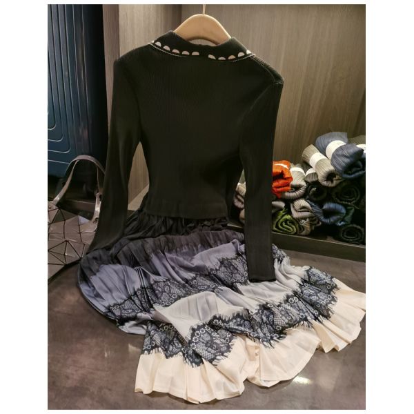 Autumn New Elegant Color-Blocking Printed Pleated Faux Two-Piece Dress Plus Size Casual Chiffon Lace Long Sleeves Suit Collar