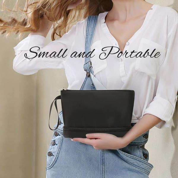 Fashion Black Waterproof Two Layer Cosmetic Pouch Ladies Carry On Clutch Makeup Bag With Brush Organize
