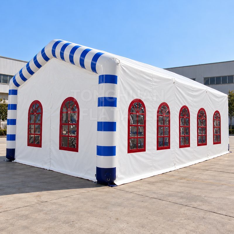 Custom Blue and White Inflatable Event Tent with Red Arched Windows for Outdoor Parties and Commercial Activities