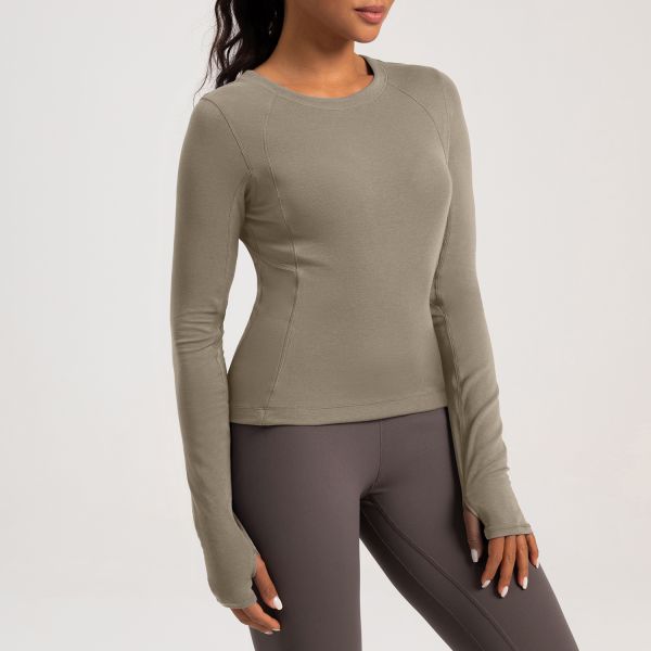 Long Sleeve Women Activewear Tops Slim Fit Olive Green Thumbhole Cuffs