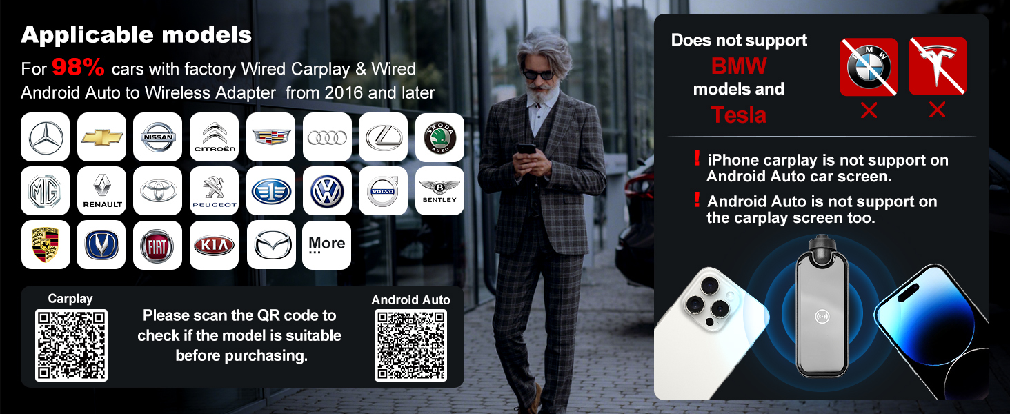 Portable Wireless Carplay Android Auto Adapter Bluetooth Dongle 2 In 1
