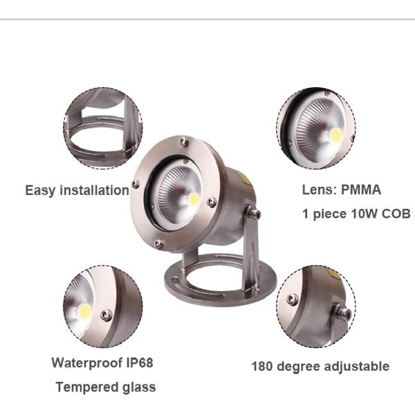 316 Stainless Steel IP68 Waterproof COB 10W Underwater Lighting for pond waterfall