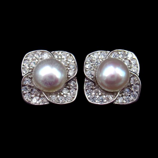 Crystal Zircon Silver Freshwater Pearl Stud Earrings For Anniversary Gift