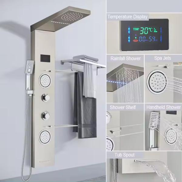 White Bathroom Wall Mounted Stainless Steel Waterfall Shower Column with LED Panels