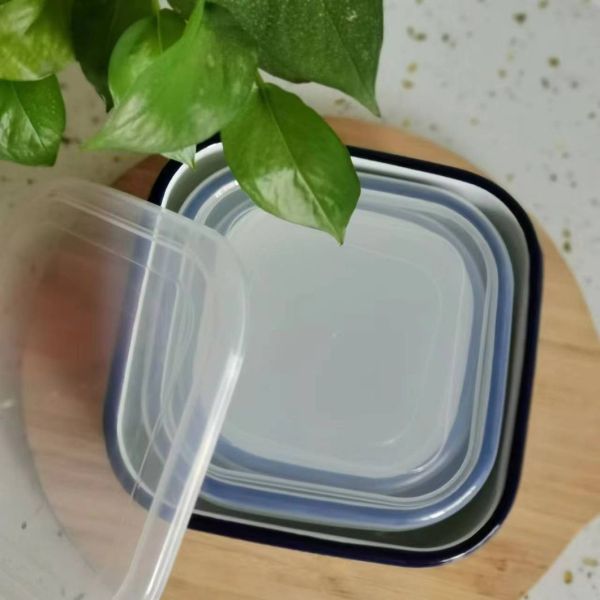 Double Coating Enamel Salad Bowls Enamel 3PCS Square Shape Container Leak Proof