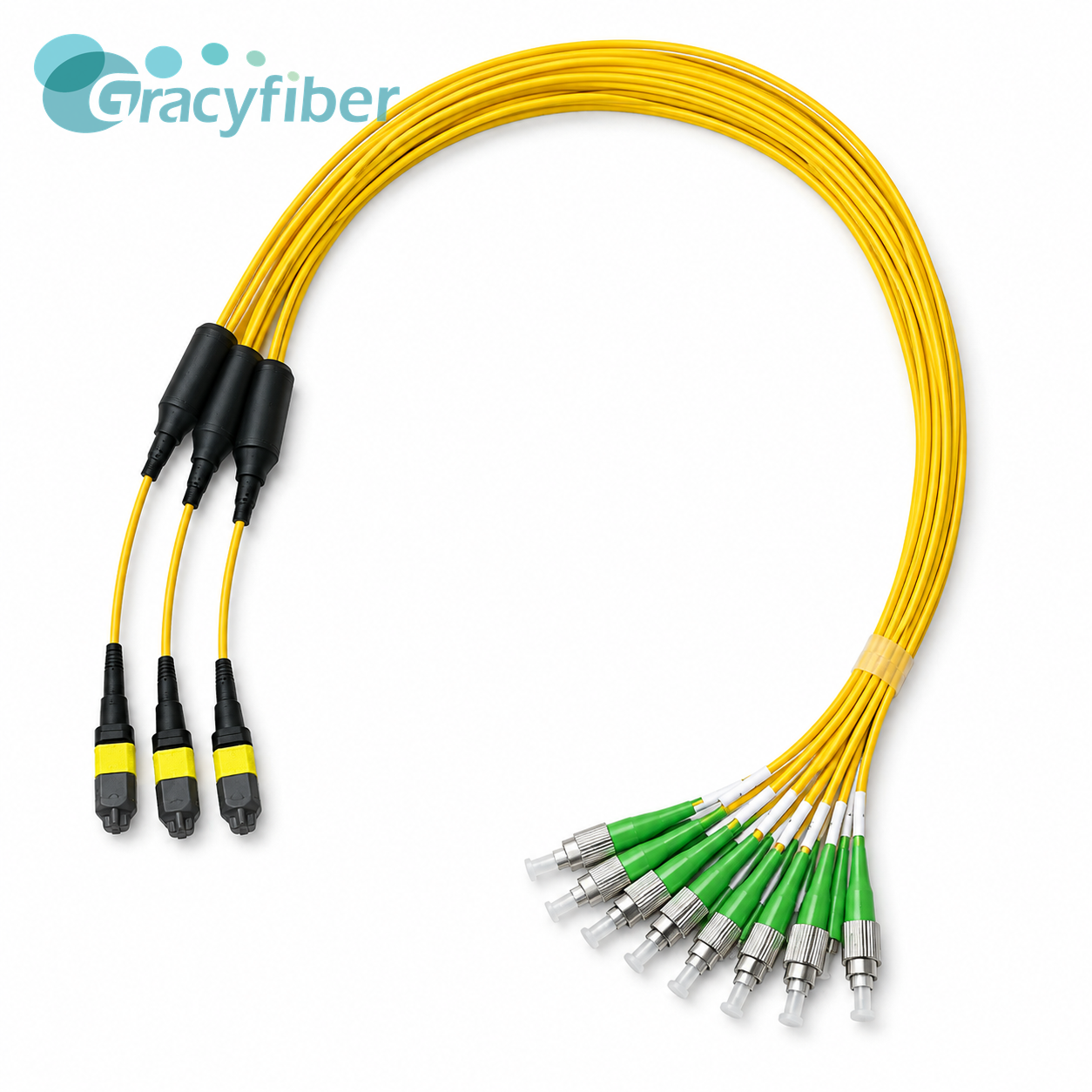 12F MTP APC Male to 12 FC APC Fanout Cable Single Mode Low Loss 1m Yellow PVC Ribbonized Harness