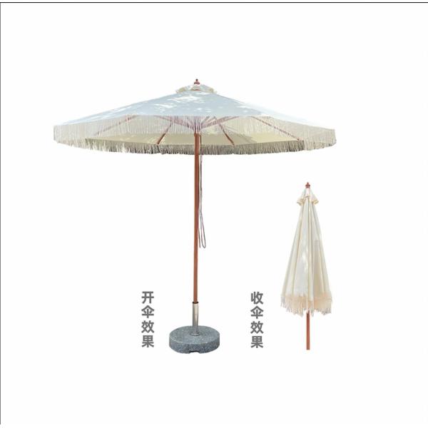 Hand Woven Tassel Outdoor Column Straight Umbrella with Wood Grain Aluminum Frame