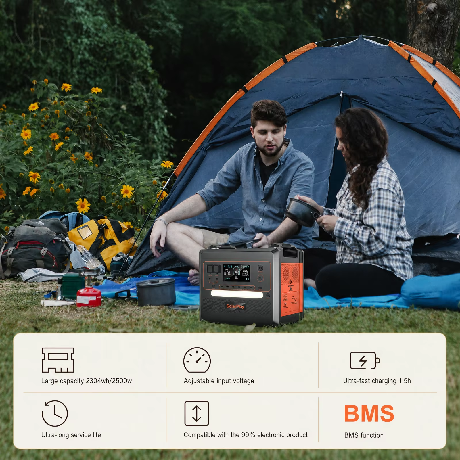2304Wh 2500W LiFePO4 Battery Generator Solar Energy Storage System with UPS 97% MPPT for RV Travel Emergency Blackout