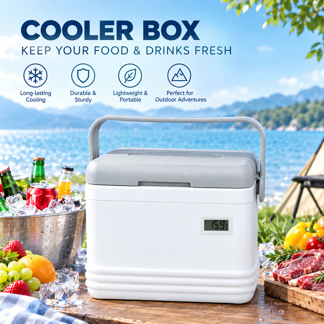 Camping Cooler Box with Beer Utilizing Polyurethane Foam Insulation Providing Long Lasting Cold Retention Outdoors