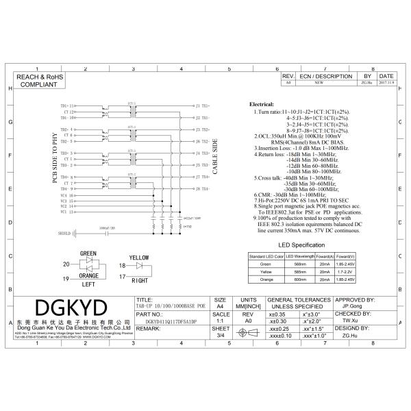 DGKYD RJ45 Connector 6U Gold Plated Gigabit Single Port with Transformer