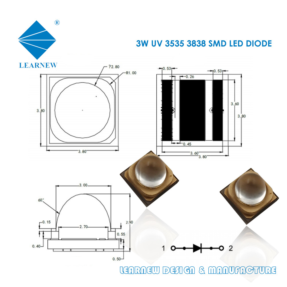 3838 тип Uva привел диод приведенный 3w 700mA Smd 365nm 385nm 395nm обломока ультрафиолетовый