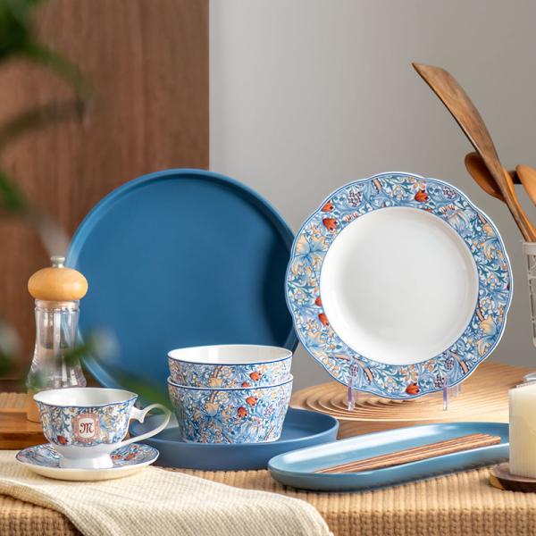 Servidor de mesa boêmio para 6 pessoas com pratos de cerâmica, tigelas e pratos de carregamento