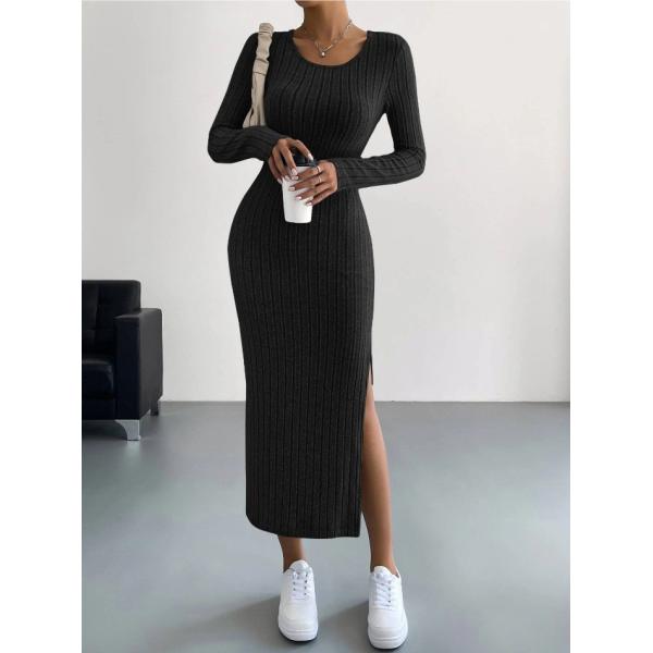 2024 Autumn and Winter New Long sleeved Round Neck Split Knitted Long Dress for Women
