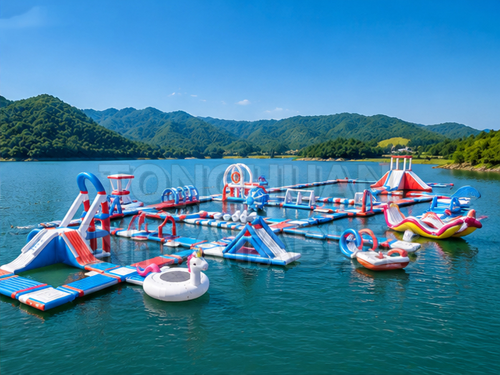 Custom Modular Inflatable Water Park with Floating Walkways Slides Trampolines and Balance Obstacles for Lakes Resorts Beaches and Commercial Recreation Projects