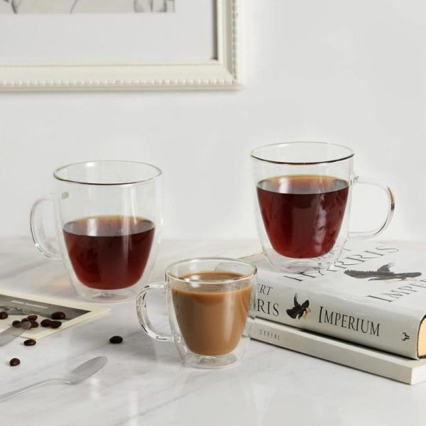 Reusable Borosilicate Double Walled Glass Mugs With Handle Heat Insulated 400ml 500ml