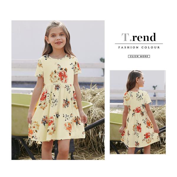 Summer Children's Clothing Solid Color Cotton Printed Short Sleeve Casual Girls Dress