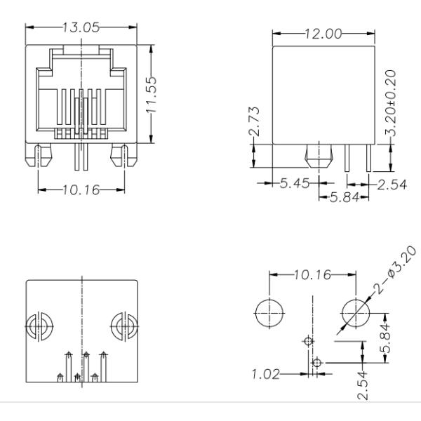 Соединитель 6P2C женский вертикальный RJ45 через установку отверстия